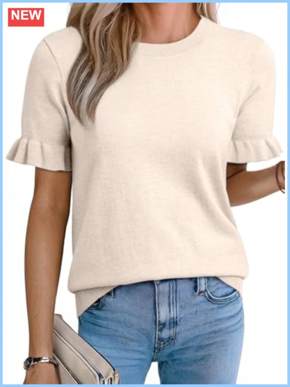 Wool Blend Short Sleeve Sweater Knit Crewneck Puff Top